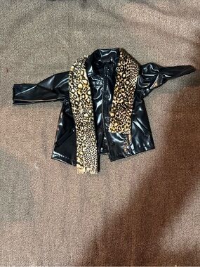 American Girl Doll Faux Leather Jacket with attached leopard scarf